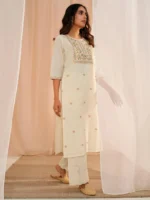 Off White Embroidered Cotton Straight Kurta - Image 2