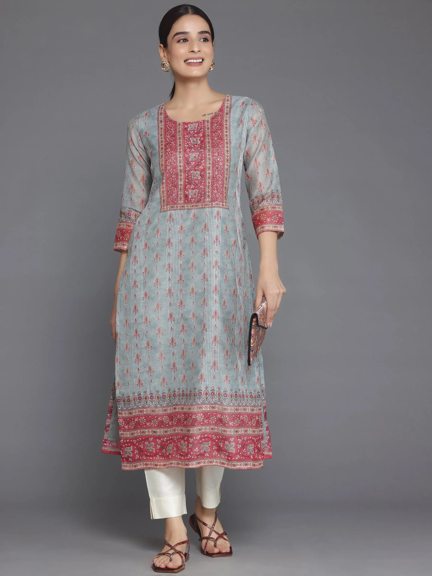 37044_5.webp Grey Printed Chanderi Silk Straight Kurta - Image 1