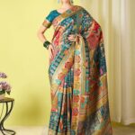 Teal Woven Viscose Saree with Unstitched Blouse