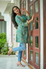 Polyester Women's Floral Placement 3/4 Sleeve and Keyhole Neck Printed Short Kurti - Image 4