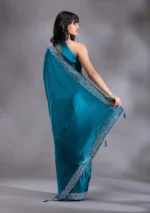 Peacock Blue Silver Stonework Satin Saree - Image 2